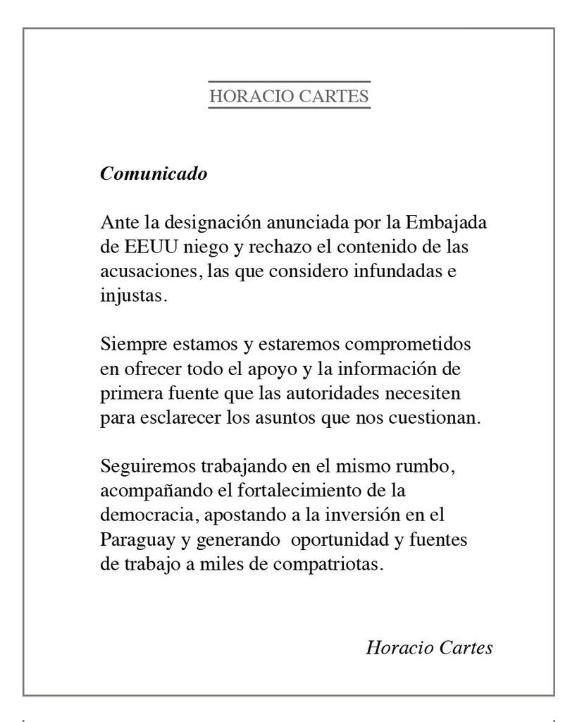 Comunicado de Horacio Cartes, expresidente de la República