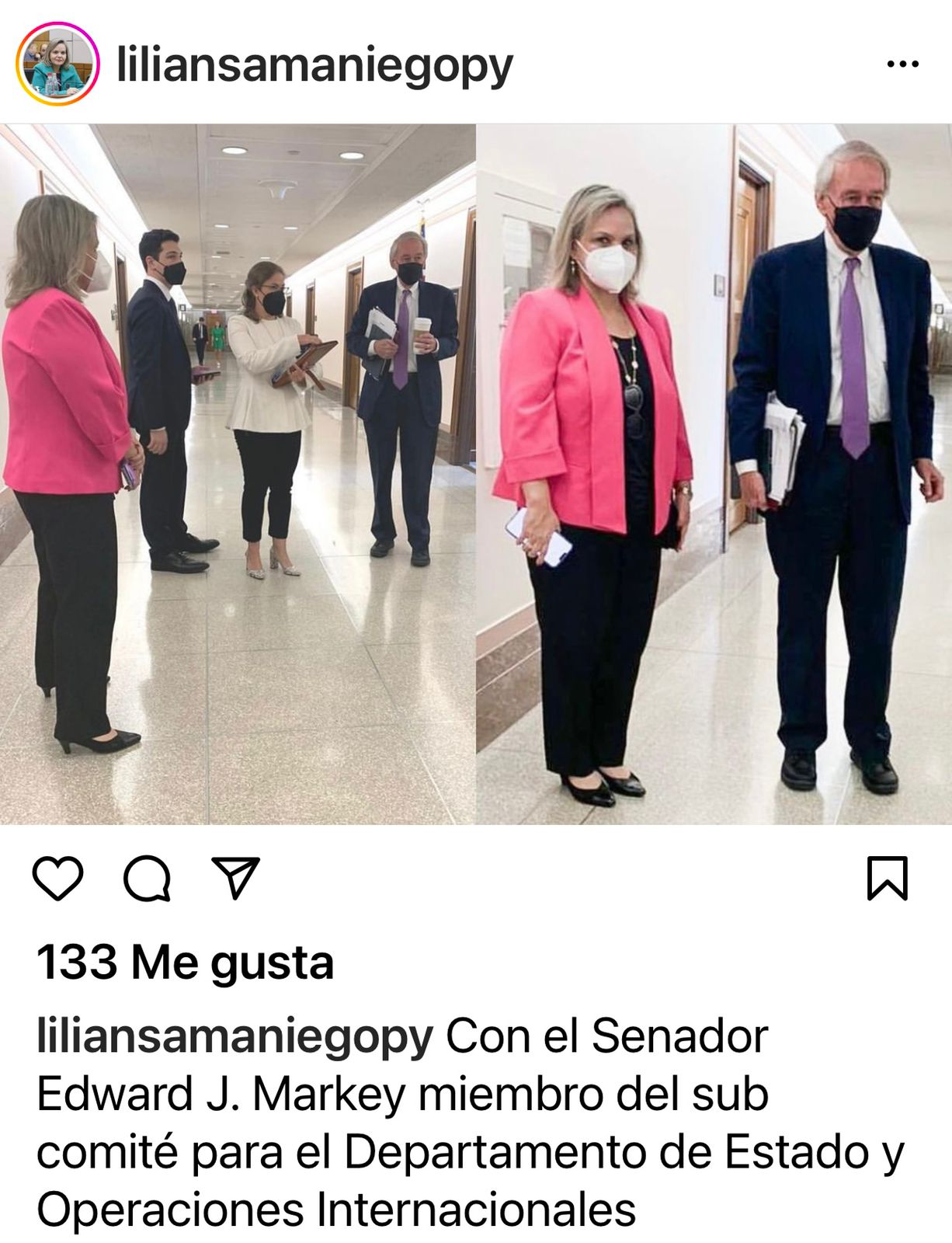 En la semana del 13 de julio, la senadora Lilian Samaniego estuvo por Washington DC ufanándose en sus redes sociales sobre las reuniones que mantuvo con autoridades estadounidenses. Foto: Gentileza.